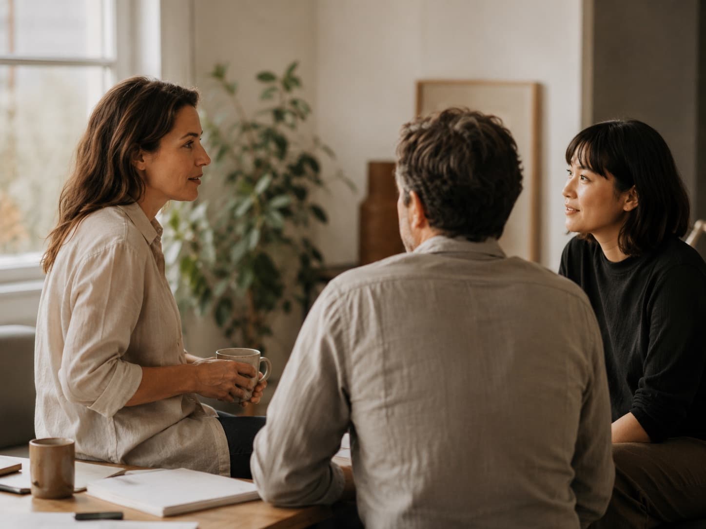 Three people in a warm, focused working conversation over coffee