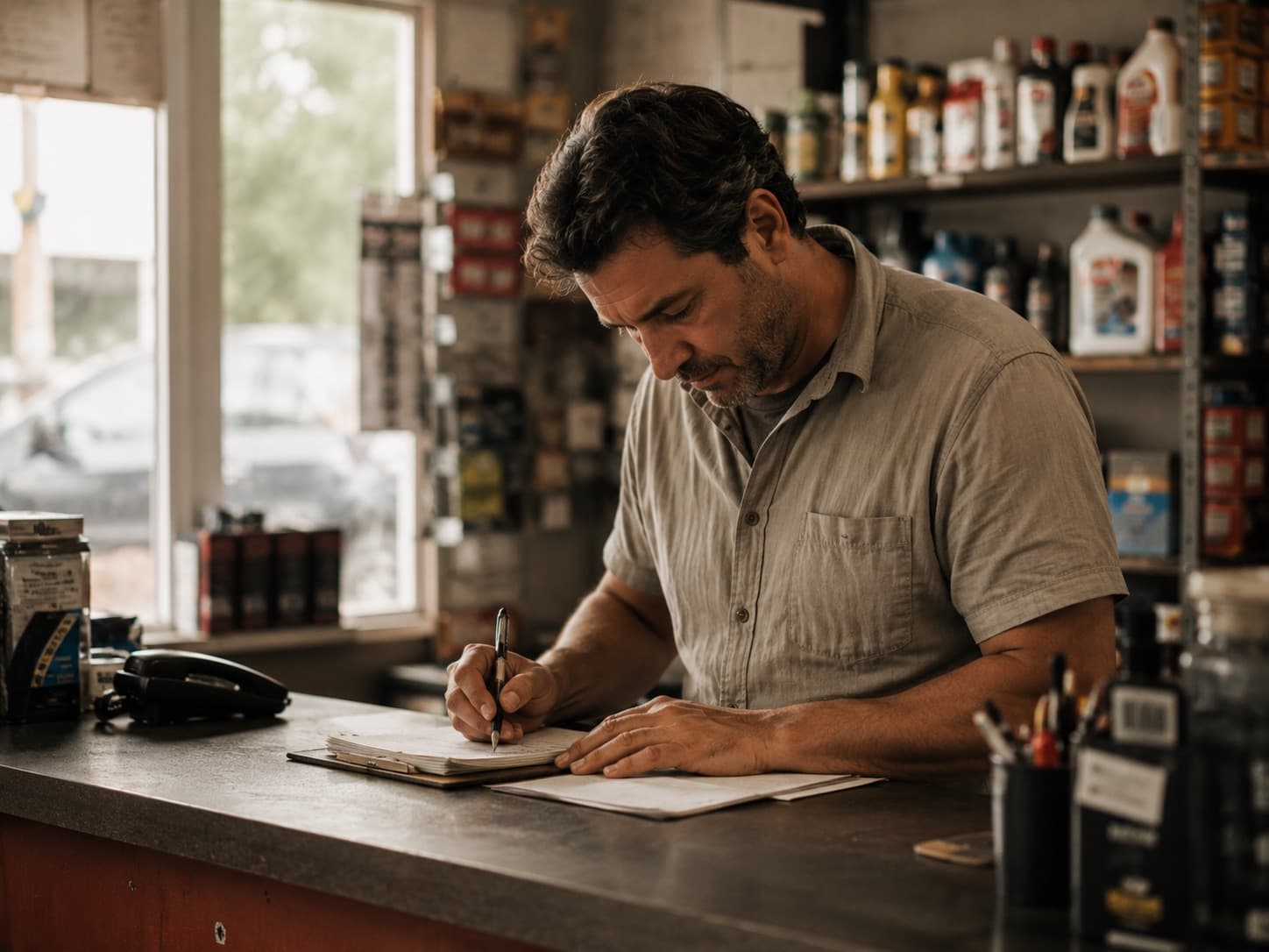 An auto-parts shop owner writing up paperwork at the counter