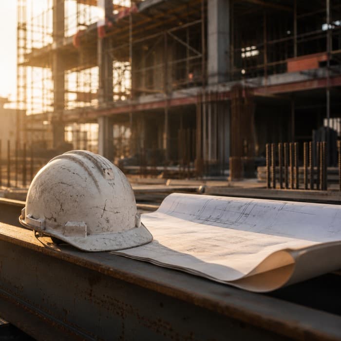 A worn hard hat and unrolled building drawings on a steel beam, a part-built frame behind them at sunset