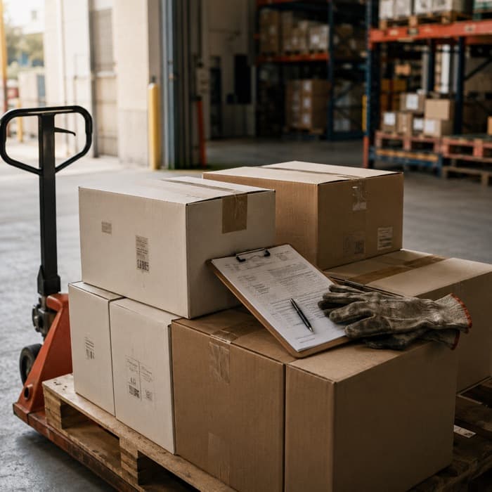 Cartons stacked on a pallet jack in a warehouse receiving bay, a signed delivery note and work gloves resting on top