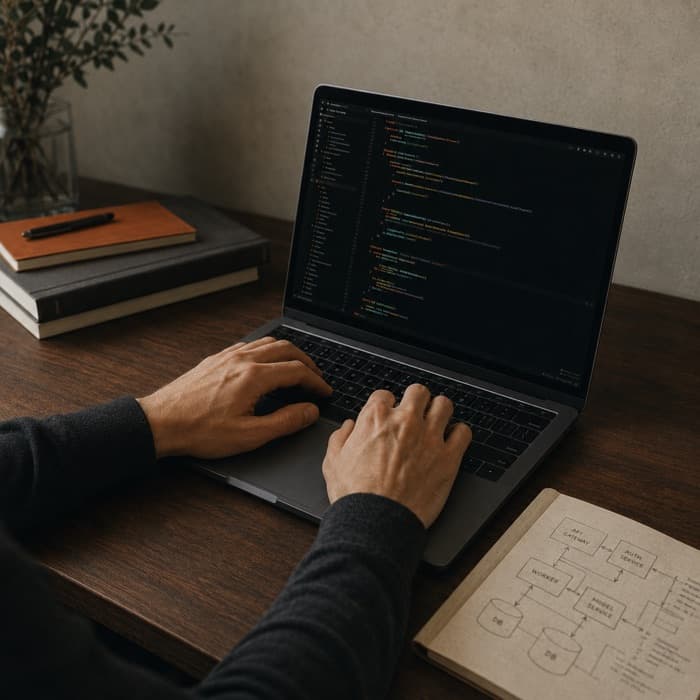 Hands typing on a laptop full of code, a hand-drawn service architecture open in a notebook beside it
