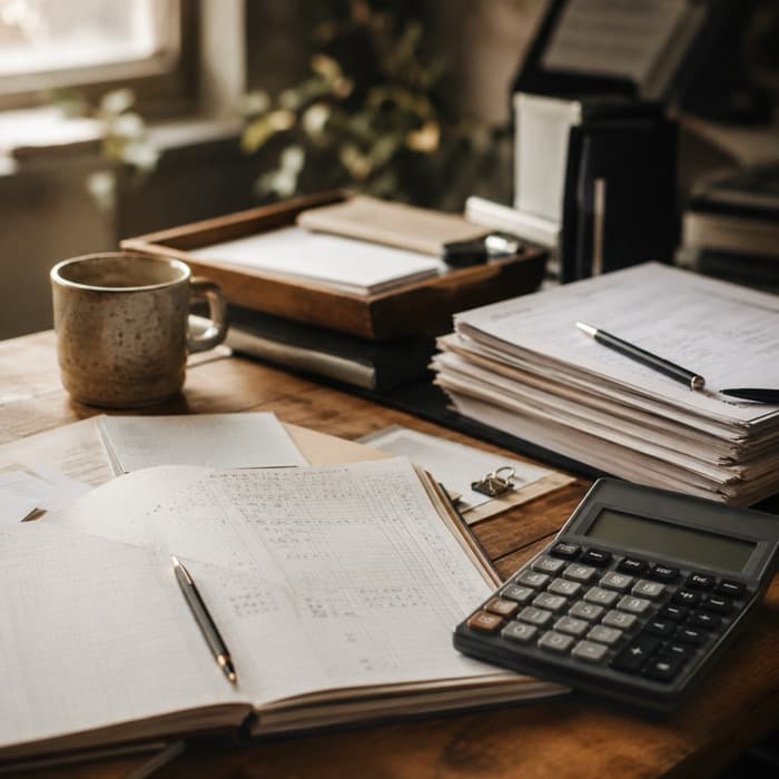 A ledger, calculator, and stacked paperwork on a wooden desk