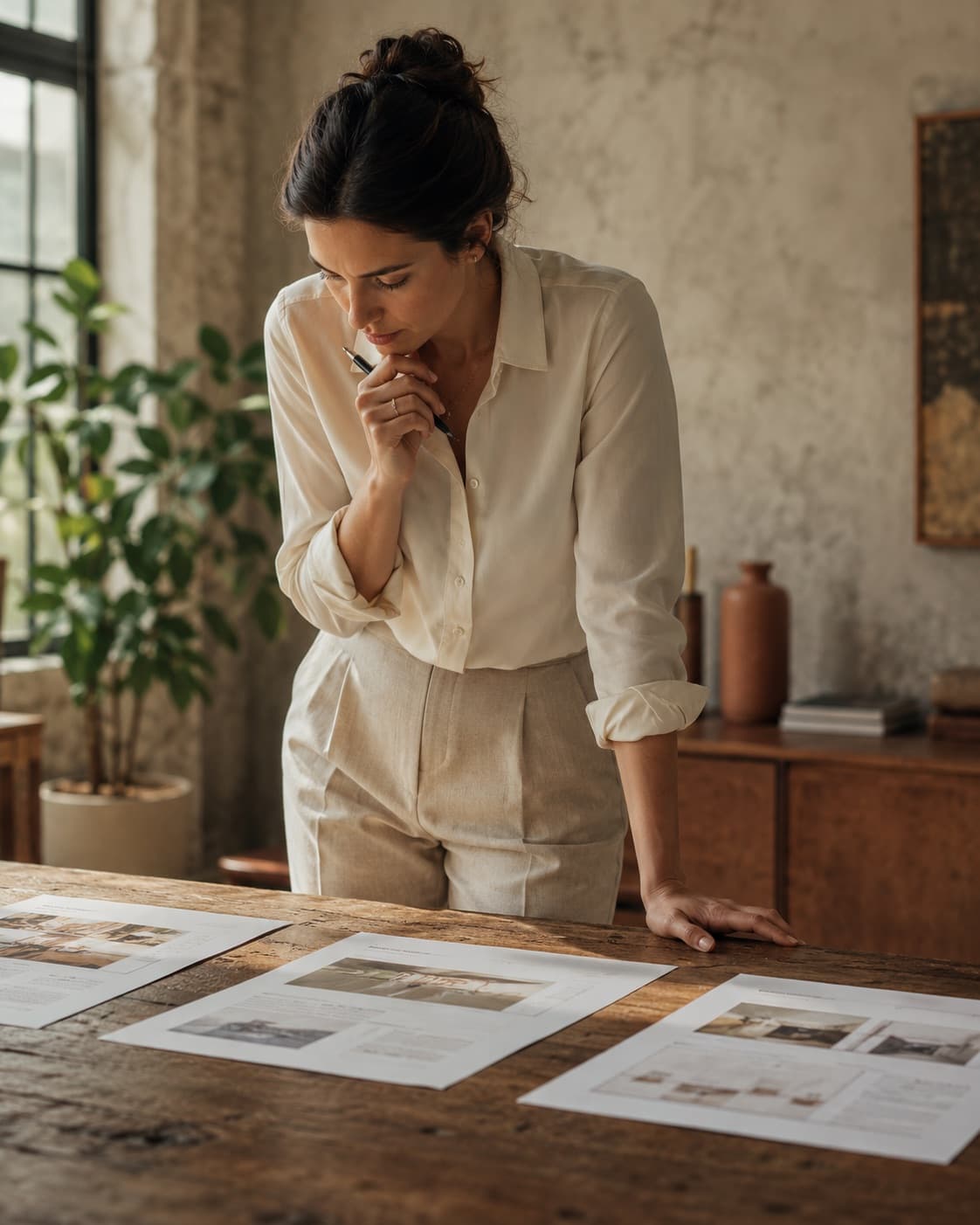 A business owner weighing several printed options laid out on a table
