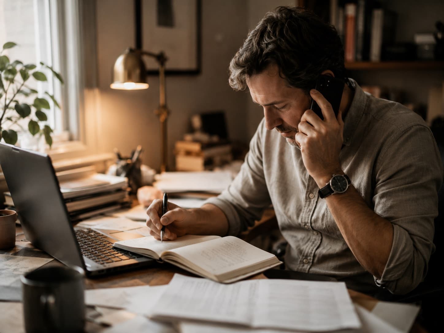 A professional on the phone taking notes beside a laptop and a paper notebook