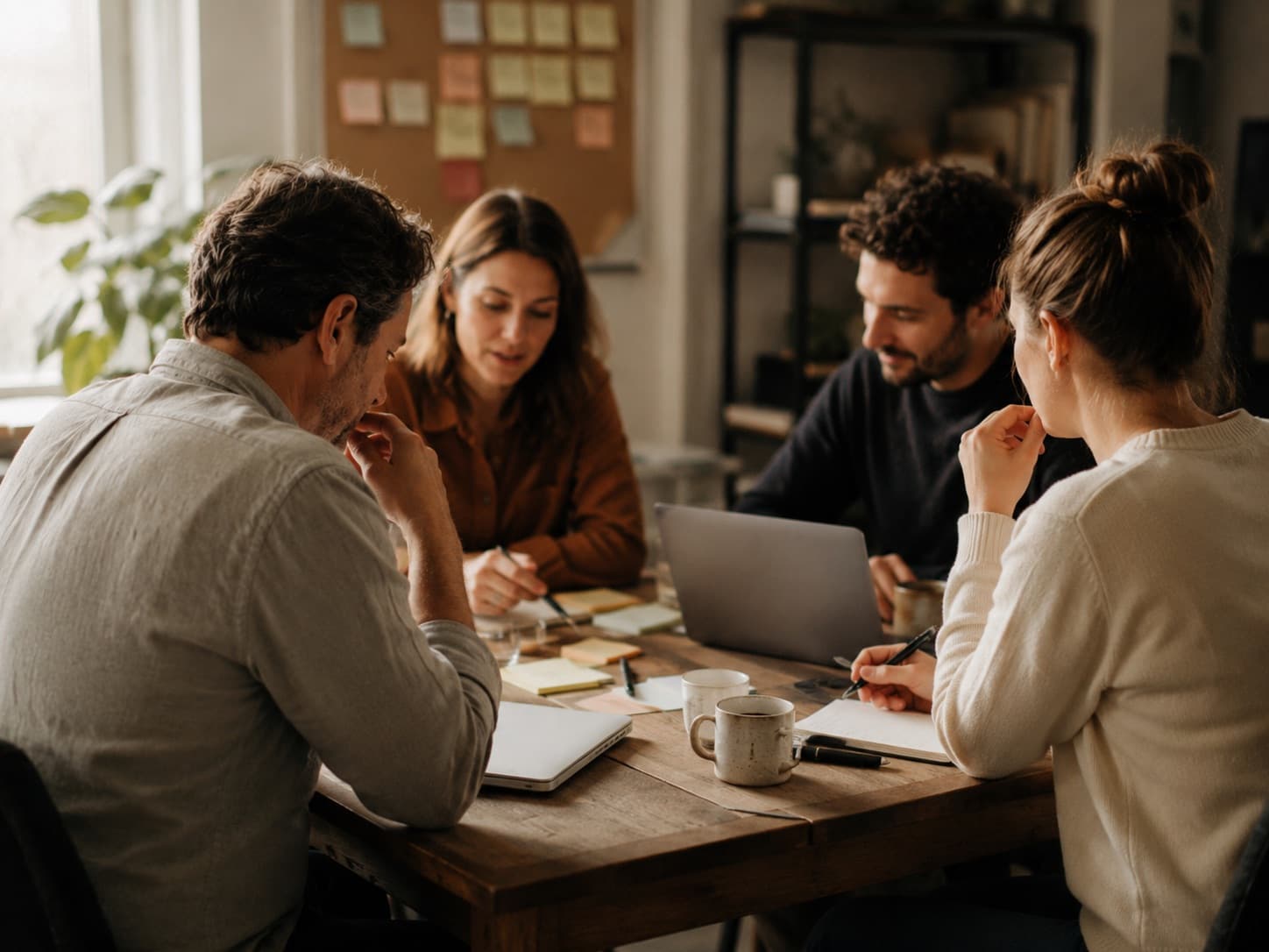 A small team working through a problem together around a laptop